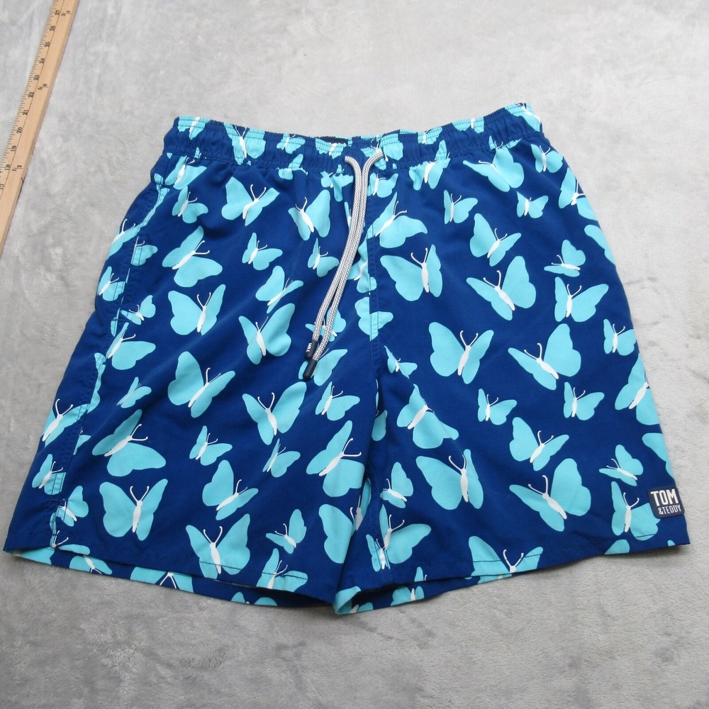 Tom & Teddy Swim Shorts Men Large Blue Butterfly Print Drawstring Lined Trunks